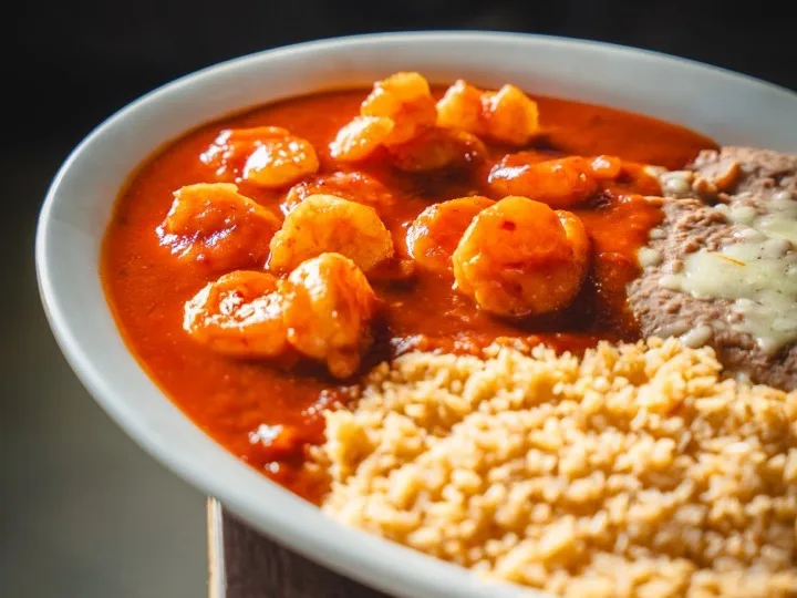 Camarones a la diabla in a fiery red sauce